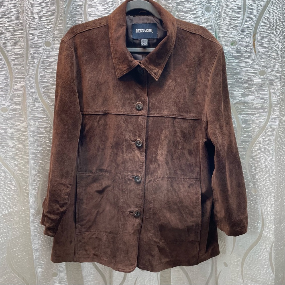 Bernardo Suede Jacket Womens XL Brown Excellent Washable Button Front Collared